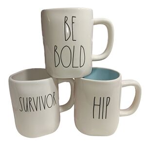 Rae Dunn Bundle of Three Uniquely Shaped Offwhite Word Coffee Mugs